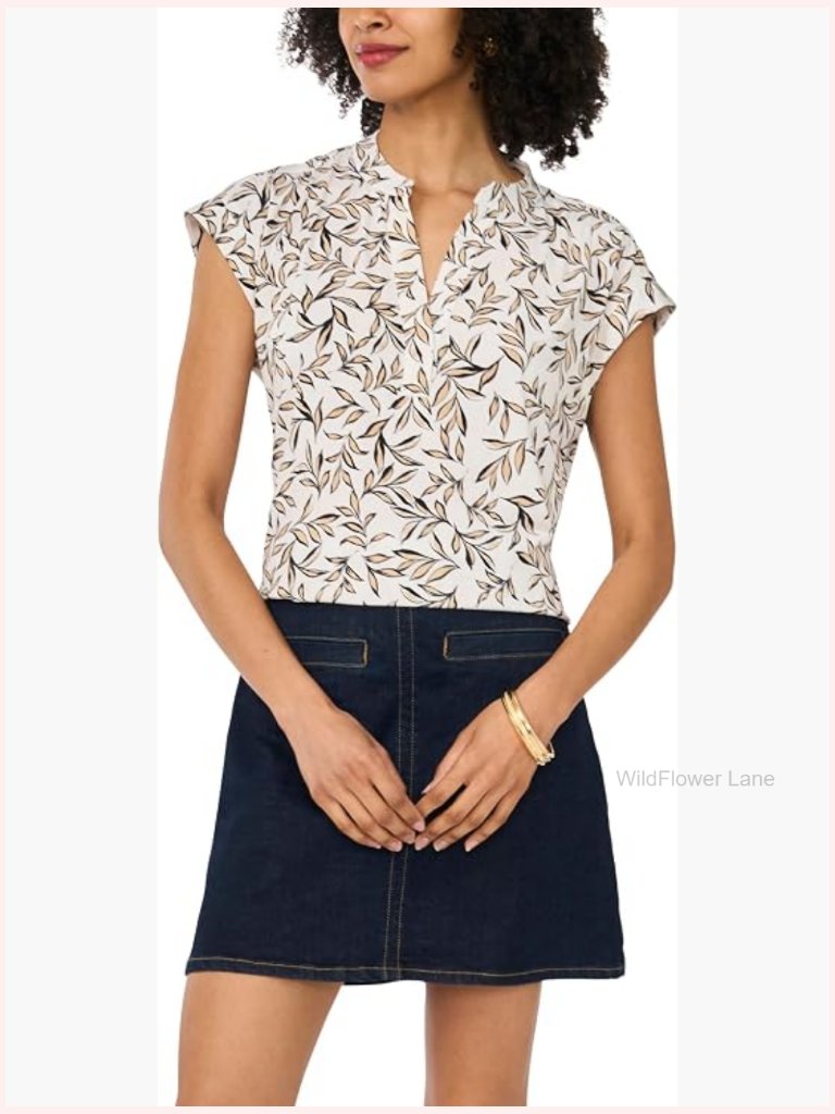 Womens Floral V-Neck Front Placket Blouse Short Sleeve